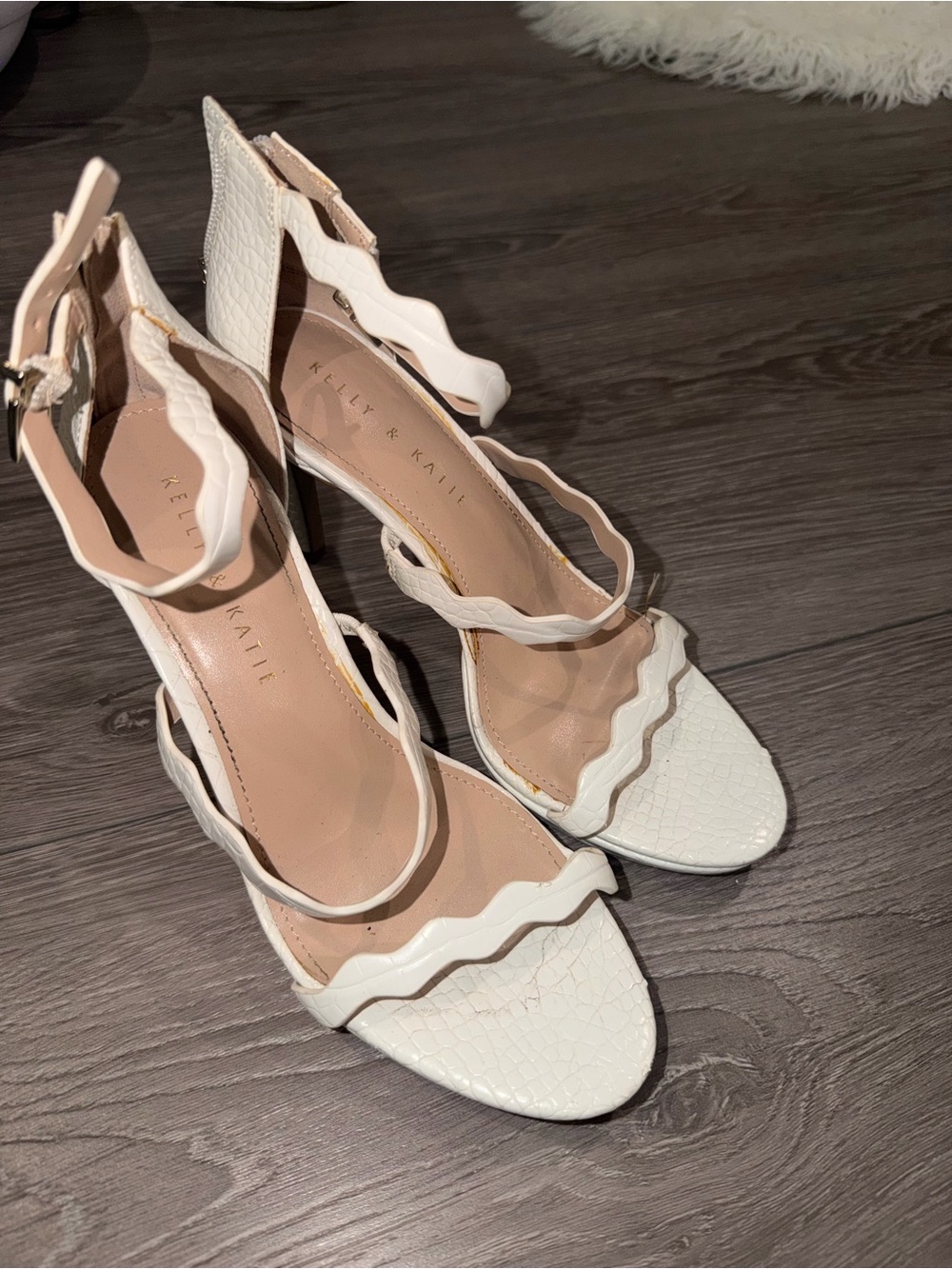 Kelly & Katie White Wavy-Strap Ankle Heels